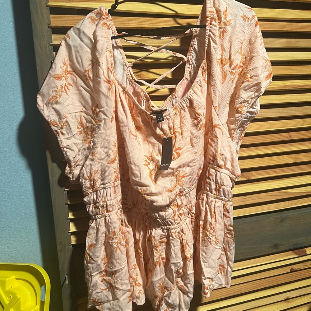 Torrid Peach Floral Blouse with Crisscross Detail